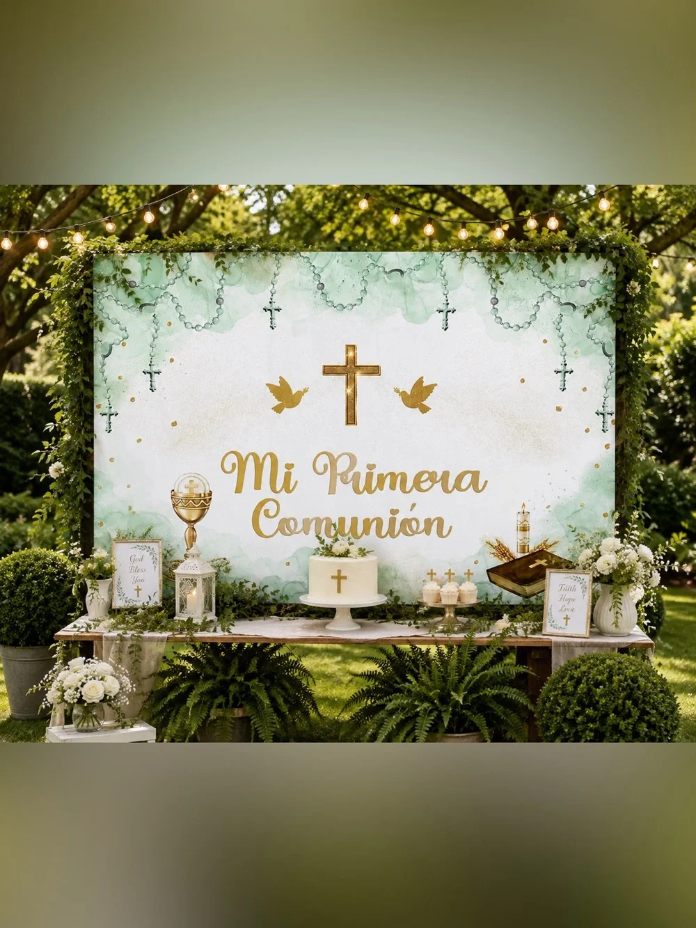 Mi Primera Comunión Green & Gold Backdrop - First Communion Party Decor 7x5ft